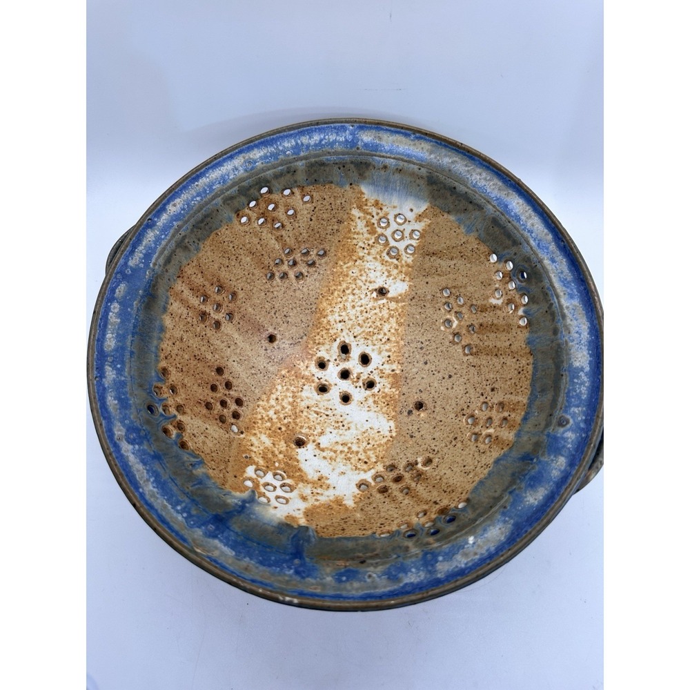 Handmade Studio Pottery Blue Drip Glaze Colander Berry Bowl Strainer